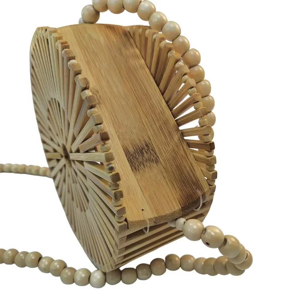 Round Bamboo Purse Bag with Long Beaded Strap Boho Beachy